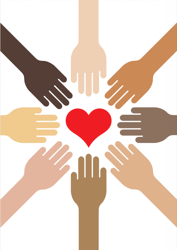 graphic of a heart surrounded by many hands of different skin colors