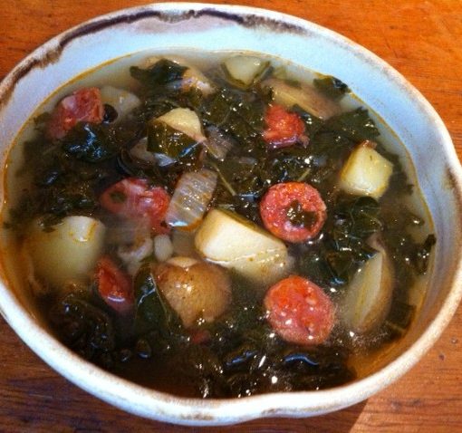 photo of a bowl of choriso-kale-potato soup